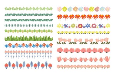 Renkli kenarlar ve ayırıcılar vektör koleksiyonu. Bahar zamanı çocuksu dekoratif bölücüler. Halk çiçekleri ve yapraklar klipsli sanat vektörü seti. Zarif bitkiler vektör botanik sınır çizgileri