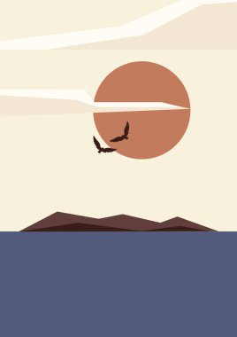 Günbatımı deniz manzaralı soyut estetik arka plan. Bulutlu gökyüzündeki kartal kuşları. Boho duvar dekoru. Orta yüzyıl modern minimalist sanat baskısı.