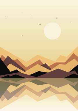 Deniz kenarı ve dağlar manzara illüstrasyonu posteri. Sabah gökyüzünde uçan kuşlar. Minimalist modern vektör terracotta karikatürü. Modern moda tasarım. Duvar Sanatı Dekorasyonu.