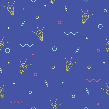 Ampul icat eden el kusursuz desen çizdi. Mavi arkaplanda geometrik elementler var. Yaratıcılık vektörü çizimi. Dijital kağıt ve kumaş için sonsuz dokuyu yönlendir.