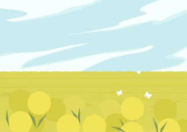 Karahindiba çayırlı kırsal manzara. Bulutlu bir siluet. Çizgi film tarzında çizilmiş Alp Alanı. Bahar rüzgarlı mevsim kırsal manzarası. Orta yüzyıl modern minimalist sanat baskısı.