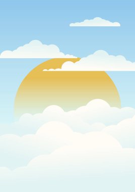 Bulutların arasında sabah güneşi. Çocuksu sanat bulutları. Bebek baskısı, yatak odası dekorasyonu için 2D karikatür baskısı. Yaz boho duvar sanatı.