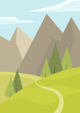 Bahar otlağıyla kırsal manzara, bulutlu dağlar. Çizgi film tarzında resimli dağlık alanlar. Bahar rüzgarlı mevsim kırsal manzarası. Orta yüzyıl modern minimalist sanat baskısı.