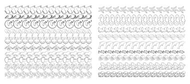 Çocuksu basit hayvan sınır koleksiyonu çizimi. El çizimi 2D karikatür denizcilik ve savana yaban hayatı. Çocuklar için dekorasyon malzemeleri. Çizgi film tarzında vektör çerçeveleri.