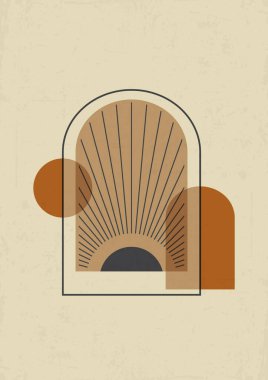 İç çizimleriyle boho minimalist güneşi. Fas sabahı çağdaş estetik sanatı. Bohem tarzında Terracotta renk elementleri. Çağdaş sanatsal yazdırılabilir EPS10 vektörü