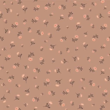 Kahverengi arka planda klasik papatya çiçekleri. Tekstil ve duvar kağıdı için modaya uygun bir baskı. Dijital kağıt ve kumaş için sonsuz dokuyu yönlendir.