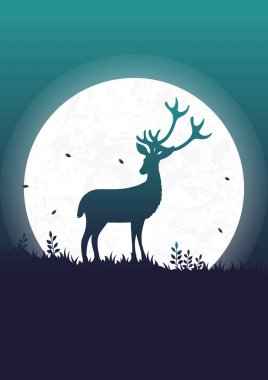 Minimalist dolunay gökyüzü ve geyik silueti. Doğa illüstrasyon posterindeki vahşi yaşam hayvanları. Parlak aylı geyik. Parkland ile modern vektör illüstrasyonu.
