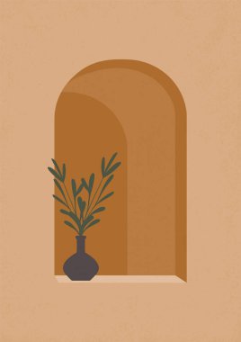 Kemerinde vazo olan çağdaş desenli sanat baskısı posteri. Çömlek atölyesi vektör tasarımı. Boho minimalist basılabilir duvar sanatı, basılmış bohem sanat eserleri, a4 vektörü