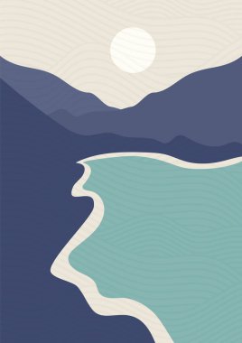 Deniz kenarı ve dağlar manzara illüstrasyonu posteri. Minimalist modern karikatür 2D sanat. Modern moda tasarım. Sabah gölüyle boho tarzında vektör çizimleri