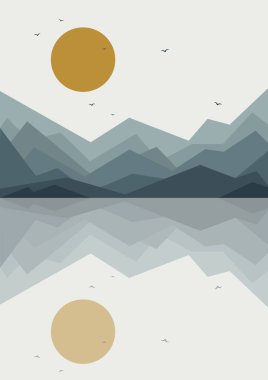 Deniz kenarı ve dağlar manzara illüstrasyonu posteri. Yellowstone Park minimalist vektör karikatür 2d sanat. Modern moda tasarım. Duvar Sanatı Dekorasyonu.