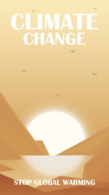 Dünya Günü, Savaş Çölü ve Kuraklık bayrağı. Küresel ısınma, dünya çevre günü dikey illüstrasyon. İklim değişikliği, verimli toprakların çöl vektör sanatına dönüşmesi.