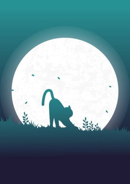 Minimalist dolunay gökyüzü ve kedi silueti. Doğa illüstrasyon posterindeki vahşi yaşam hayvanları. Ayın altındaki kedi. Parkland ile modern vektör illüstrasyonu.