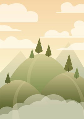 Kır manzarası, bulutlar arasında yeşil tepeler. Dağlar düz çizgi film tarzıyla çizilmiş. Bahar rüzgarlı mevsim kırsal manzarası. Orta yüzyıl modern minimalist sanat baskısı.