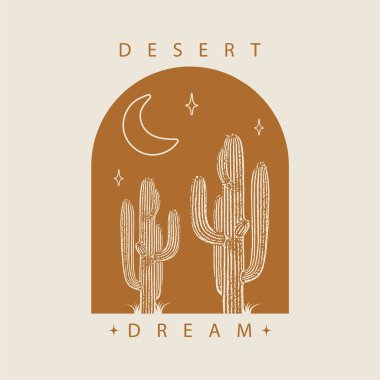 Kaktüs resimli minimalist logo tasarımı. Modern estetik sanat, çöl hayali düz rozet. Markalaşmak için Boho stili 2D tasarım. Tebrik kartı, kağıt, logottip için çizim çizimi