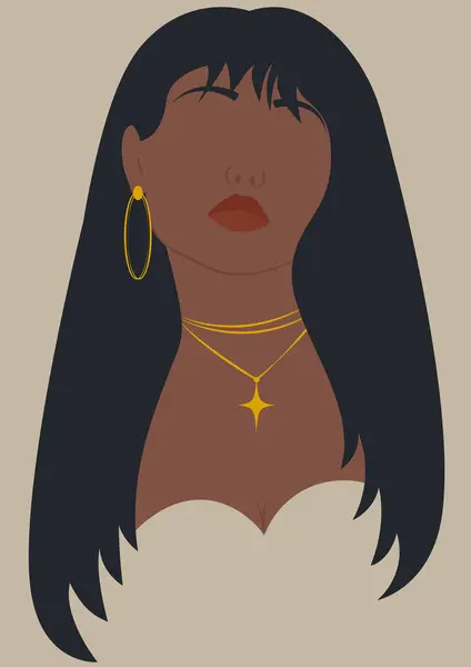 Genç moda kadınının estetik poster çizimi. Pastel renkli bayanın olduğu resim posteri. Moda düşkünü, stil yoksunu, 2D çizgi film. Aksesuarlı minimalist siyahi kadın