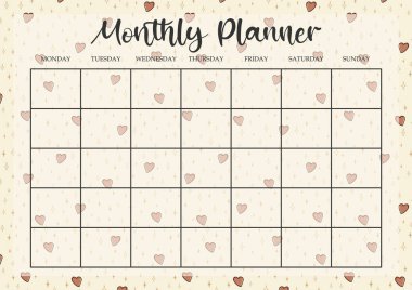 Aylık romantik kağıt çarşaf. Çalışma tablosu güzel şablon basit tasarım. Boş yazdırılabilir hedef sayfaları ayarlıyor. Kişisel görevlerin düzenlenmesi için sayfalar planlanıyor