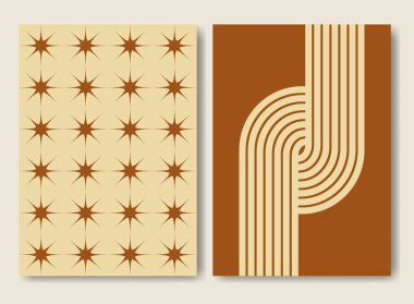 Minimalist estetik dengeleme basit posteri şekillendirir. Çizgiler ve yıldızlar vektör çizimi. Estetik boho minimalist sanat. Duvar kâğıdı, arkaplan, duvar dekorasyonu için tasarım. Vektör tarafsız illüstrasyon.