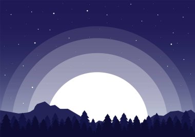 Minimalist estetik orman dağları manzarası. Estetik çam ağacı ormanı ay ışığı altında. Japon gece yarısı manzarası. Poster için arka plan, örtü. Orta yüzyıl modern minimalist sanat baskısı.