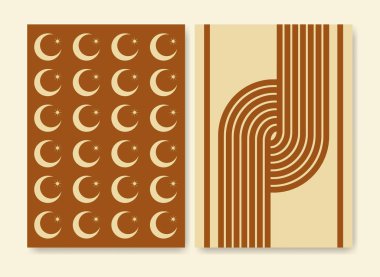Minimalist estetik dengeleme basit posteri şekillendirir. Çizgiler ve ay vektör çizimi. Estetik boho minimalist sanat. Duvar kâğıdı, arkaplan, duvar dekorasyonu için tasarım. Vektör tarafsız illüstrasyon.