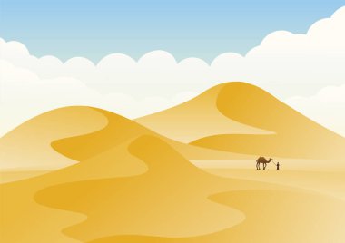 Estetik çöl manzarası gradyan kum tepecikleri çizimi. Afrika göçebeleri Mısır 'a seyahat eder. Sabah panoramik gün doğumu. Ramazan Kareem Çölün ortasında modern minimalist sanat baskısı üzerine