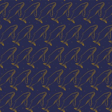 Derin sularda balina ve kusursuz deniz deseni. Sualtı 2d çizgi film karakterleriyle desen arkaplanı. El çizimi vektör arka plan. Dijital kağıt ve kumaş için sonsuz dokuyu yönlendir.