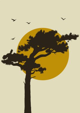 Yaz manzarası günbatımı estetik ağaç silueti posteri. Duvar sanatı afişi duvar kağıdı arka plan kırsal barış renk doğa vektörü illüstrasyonu