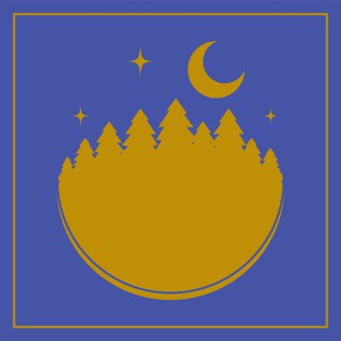 Çam ağaçlı seyahat rozeti mavi vektör çizimi. Çam ağaçlarının logosuyla açık alan daire tasarımı. Macera turu vektör parkı sanatı