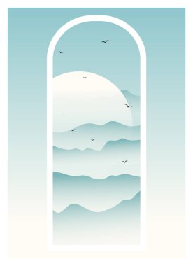 Springtime panorama with flying birds poster. Minimalist aesthetic blue mountains landscape view. Himalayas peaks blue vector illustration. Background for poster, cover. Mid century modern minimalist art print. clipart