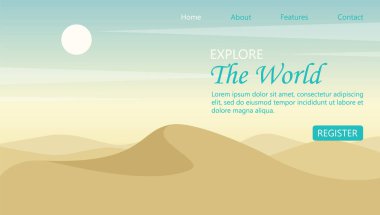 Çöl turizmi iniş sayfası. Dünya peyzaj turu afişini keşfedin. Güzel, düz, sıcak çöl kumulları 2D çizgi film düz afişi. Tatil ve doğaya yolculuk.