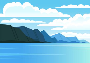 Norveç fiyortlu dijital baskı, dağlar manzaralı. Geçmişe dönük seyahat posteri. Turizm, tatil, tatil konsepti. Vintage vektör renkli illüstrasyon.