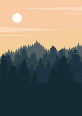 Sonbahar Alpleri orman illüstrasyonu. Arka planda dağlar ve ağaçlar var. Sihirli sisli manzara. Minimalist duvar dekoru, vektör a4 sanat baskısı