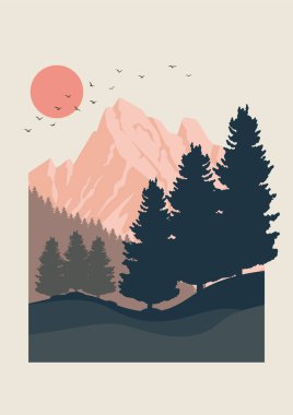 Gündoğumu vektör illüstrasyonunda doğanın güzel manzarası. Dağlardaki orman silueti posteri. Kobuk Vadisi ulusal park vektör çizimi. Sihirli sisli sonbahar manzarası