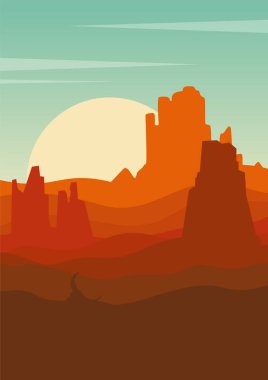 Vector American Valley Illustrasyon. Rocky Desert sabah manzara sanatı. Arizona 'da West Mitten kıçında gün batımı. Estetik minimalist Avustralya panorama posteri.