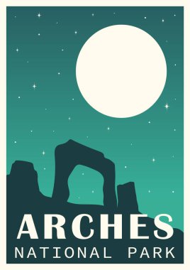 Arches Milli Parkı açık hava macera posteri. Utah yıldızlı gece manzarası çizimi. Minimalist duvar dekoru. Vektör sanatı 2d yazdırma