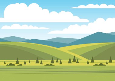 Yeşil buğday tarlaları olan kırsal bir manzara. Bulutlu ufuk çizgisi, çiftlik arazisi düz çizgi film çizimi. Bahar rüzgarlı mevsim kırsal manzarası. Orta yüzyıl modern minimalist sanat baskısı.