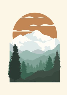 Soğuk gündoğumu posteriyle kış dağlarını seyret. Estetik minimalist sis düzlüğü. Yellowstone manzara resmi. Vektör sanat baskısı koleksiyonu. Boho duvar dekoru.