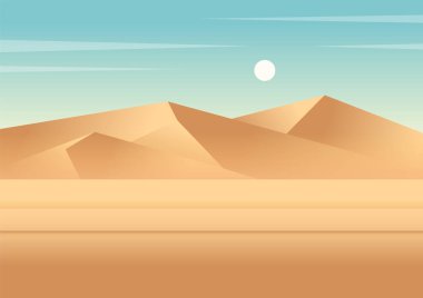 Turuncu çöl manzarası gradyan kum tepecikleri çizimi. Mısır 'a düz çizgi film ile git. Sabah panoramik gün doğumu. Boho duvar dekoru. Orta yüzyıl modern minimalist sanat baskısı