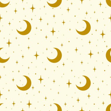 Göksel ay evreleri ile kusursuz desenli estetik çizimler. Yarım ay ve yıldızlar, bej arka planda izole edilmiş mistik ve basit kolaj şekilleri.