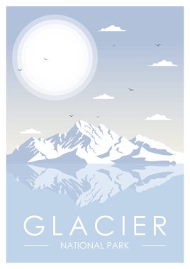 Buzul Körfezi Ulusal Parkı manzara gezisi posteri. Donmuş dağlarla modern poster, minimalist 2D sanat. Antarktika 'nın vektör sanat baskısı