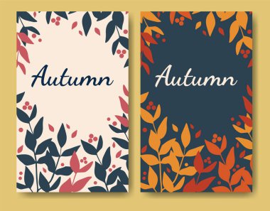 Bir dizi minimalist sonbahar geçmişi. Merhaba Autumn vektör kartı tasarım koleksiyonu. Sonbahar yaprakları, poster, broşür, kapak, afiş, sosyal ağlar için sonbahar tasarımı