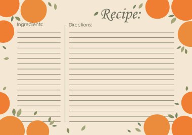 Tarif kartı şablonu, sulu meyveler boş. Çizgi film tarifi çizimi çizimi. Sevimli retro mutfak tarifi kartı. El yazısı hat tasarımı