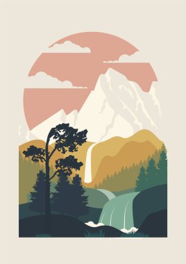 View on autumn mountains with cloudscape poster print. Aesthetic minimalist wild river in the forest. Yellowstone landscape poster illustration. Vector art print collection. Boho wall decor. clipart