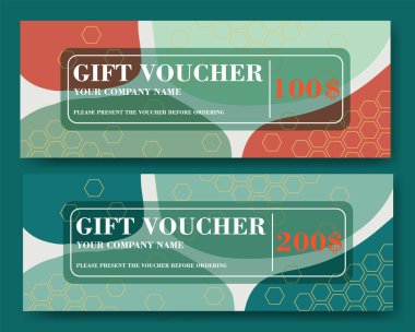 Soyut renkli tasarım hediye çeki şablonu. Geometrik elementli zarif kupon seti. Hediye kartı, kupon ve renkli arkaplan sertifikası için vektör şablonu. Arkaplandan izole edilmiş.