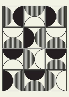 Retro siyah ve beyaz geometrik vektör minimal poster. Basit geometrik şekiller siyah bej arkaplan. Son moda Bauhaus geçmişi. Kapak tasarımı, poster ve iç tasarımı için modern estetik minimalist sanat