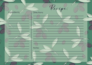 Tarif kartı şablonu, siyah zeytin. Çizgi film tarifi çizimi çizimi. Gurme yemek tarifi kartı. El yazısı hat tasarımı