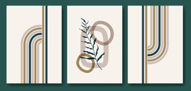 Floral abstract background poster set. Collection of plants, leaf branch and stripes. Contemporary aesthetic design for wall art, decoration, wallpaper, print. clipart