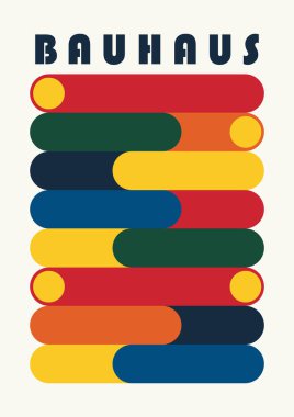 Geometrik şekilli soyut orta yüzyıl Bauhaus posteri. Modern minimalist düz sanat. Duvar kâğıdı, arka plan, duvar iç mimarisi için tasarım. Vektör tarafsız illüstrasyon.