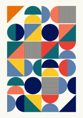 Cesur geometrik şekiller posterli soyut semboller. Sanat tasarımı için vektör sade Bauhaus sanat eseri, derginin ön sayfası, yüksek teknoloji baskı, kapak resmi.