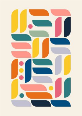 Geometrik İskandinav Bauhaus sanat tasarımı. Yüzyılın ortalarında geriye dönük renkler basit illüstrasyon. Duvar kâğıdı, arka plan, duvar iç mimarisi için tasarım. Vektör tarafsız illüstrasyon