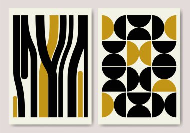 Bauhaus basit estetik vektör tasarımı poster seti. Soyut geometrik şekillerle yapılmış modernizm şablonları. Poster sanatı, web sitesi başlıkları ve dijital baskı için kullanışlı
